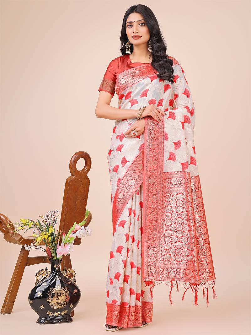 red linen cotton with jacquard work and zari weaving saree with blouse