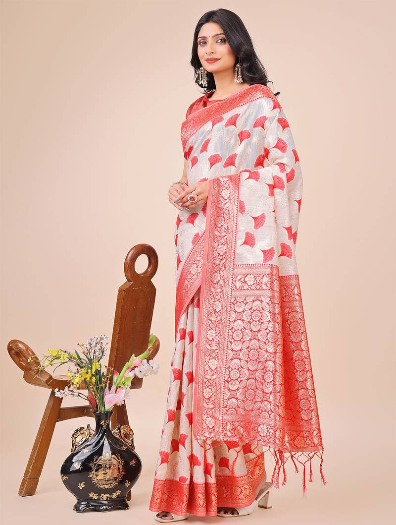 red linen cotton with jacquard work and zari weaving saree with blouse