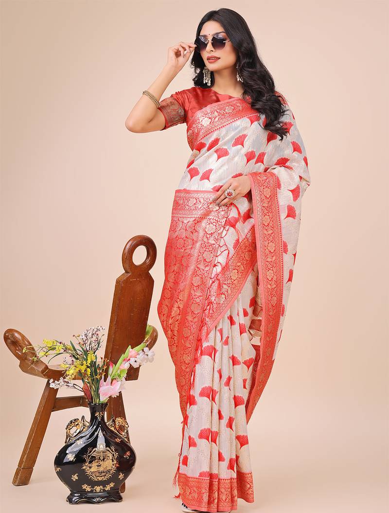red linen cotton with jacquard work and zari weaving saree with blouse