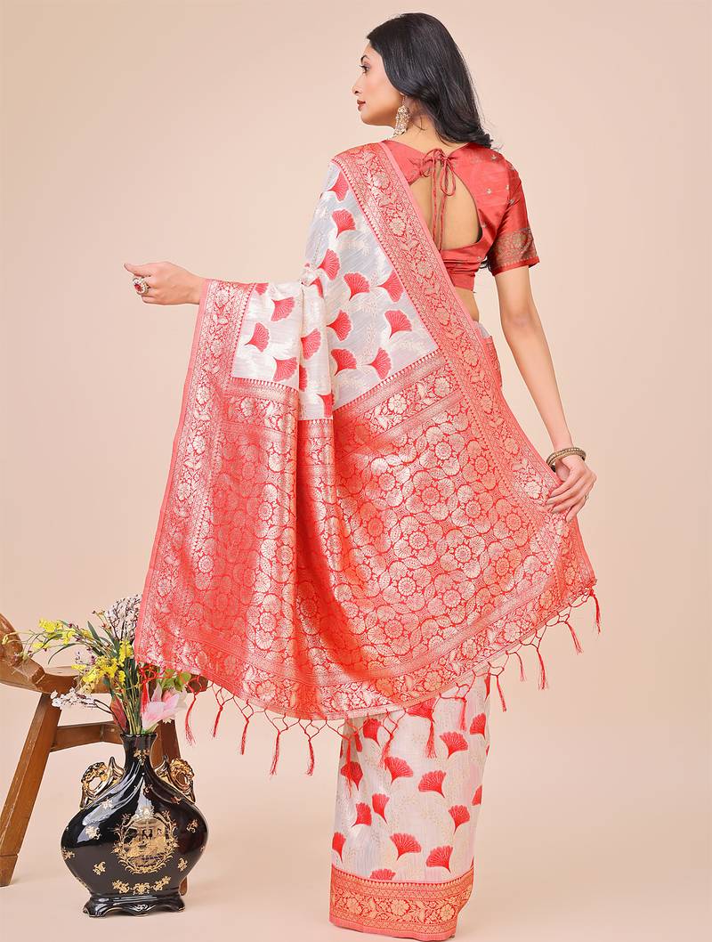red linen cotton with jacquard work and zari weaving saree with blouse