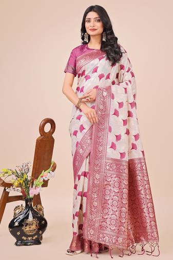 magenta linen cotton with jacquard work and zari weaving saree with blouse
