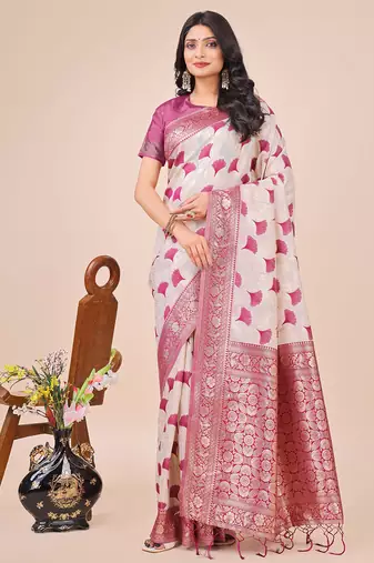 magenta linen cotton with jacquard work and zari weaving saree with blouse