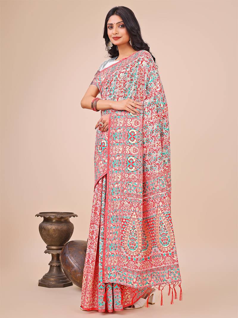 white cotton fabric with with jacquard work and zari weaving saree with blouse