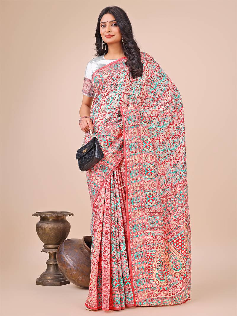 white cotton fabric with with jacquard work and zari weaving saree with blouse