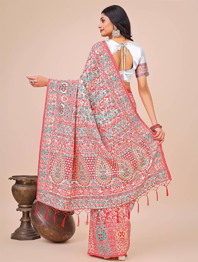 white cotton fabric with with jacquard work and zari weaving saree with blouse