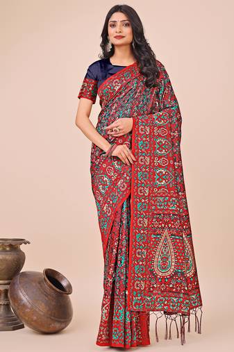 red cotton fabric with with jacquard work and zari weaving saree with blouse