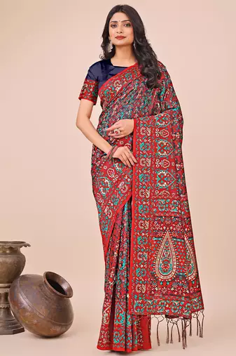 red cotton fabric with with jacquard work and zari weaving saree with blouse