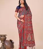 red cotton fabric with with jacquard work and zari weaving saree with blouse