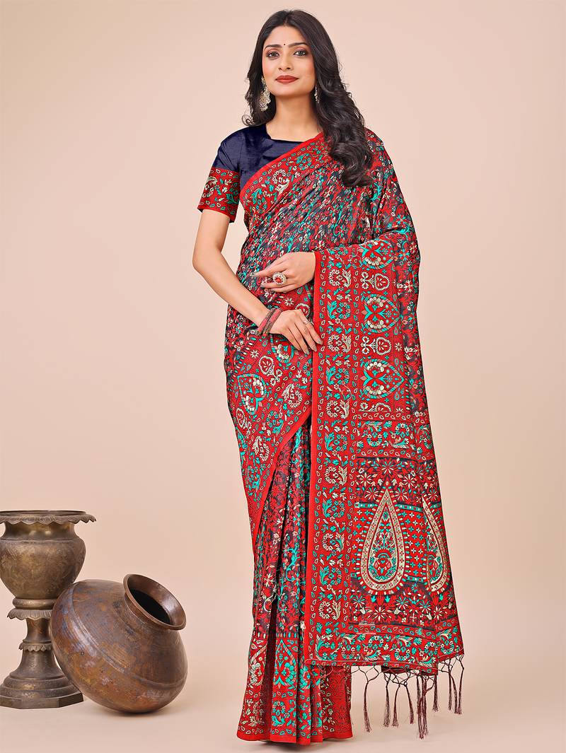 red cotton fabric with with jacquard work and zari weaving saree with blouse