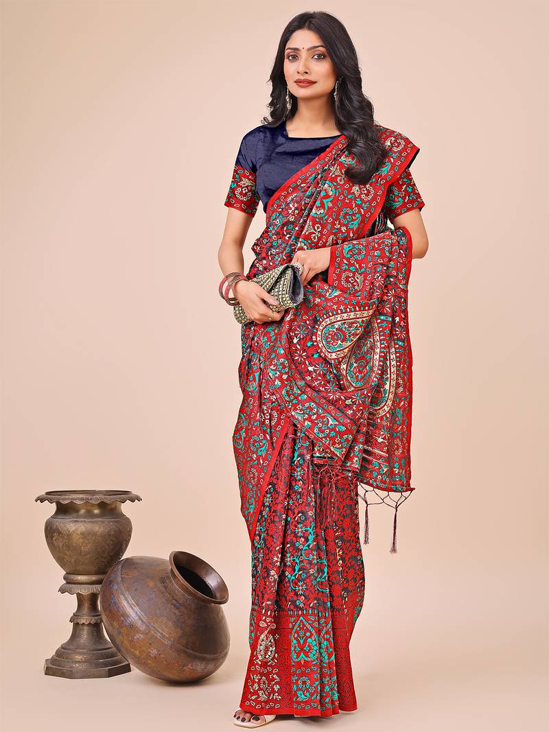 red cotton fabric with with jacquard work and zari weaving saree with blouse