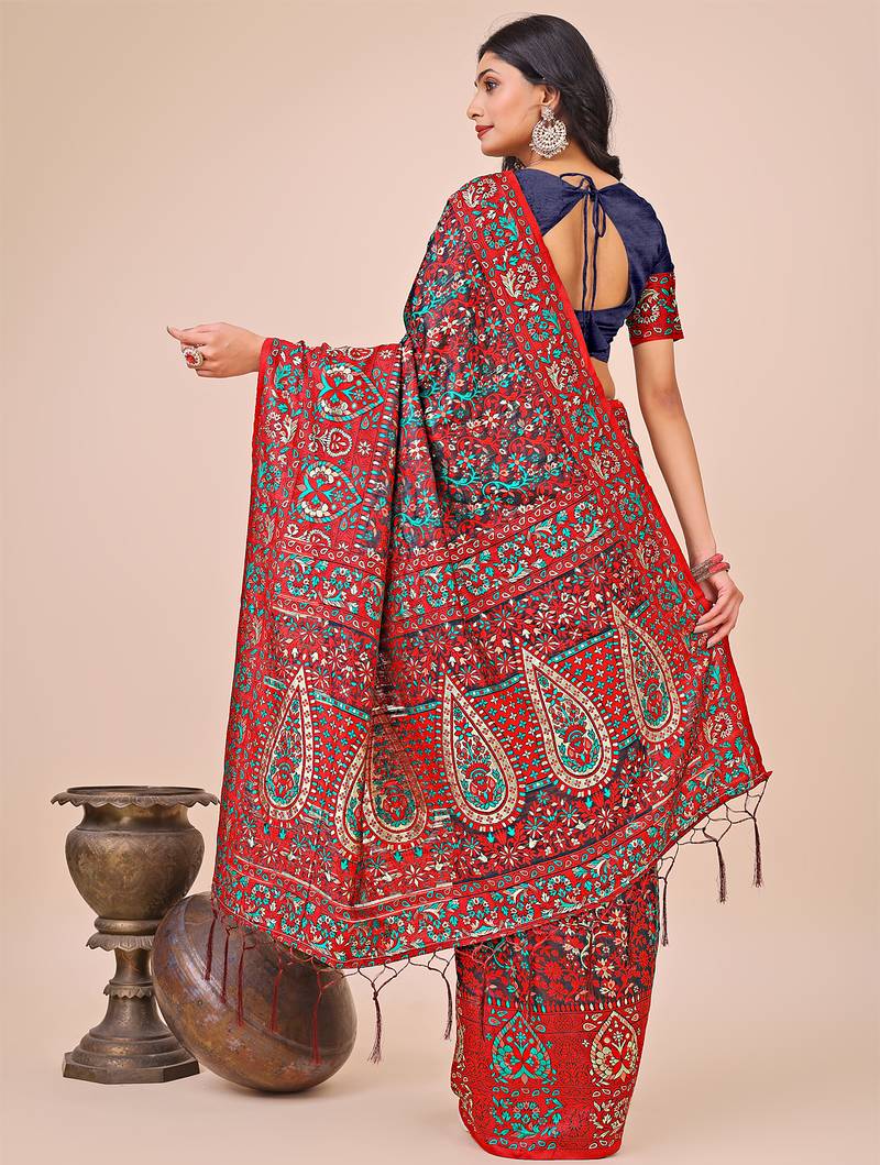 red cotton fabric with with jacquard work and zari weaving saree with blouse