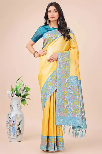 yellow lichi art silk with printed and zari weaving saree with blouse