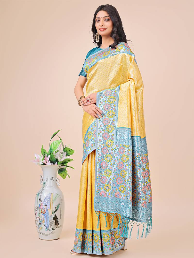 yellow lichi art silk with printed and zari weaving saree with blouse