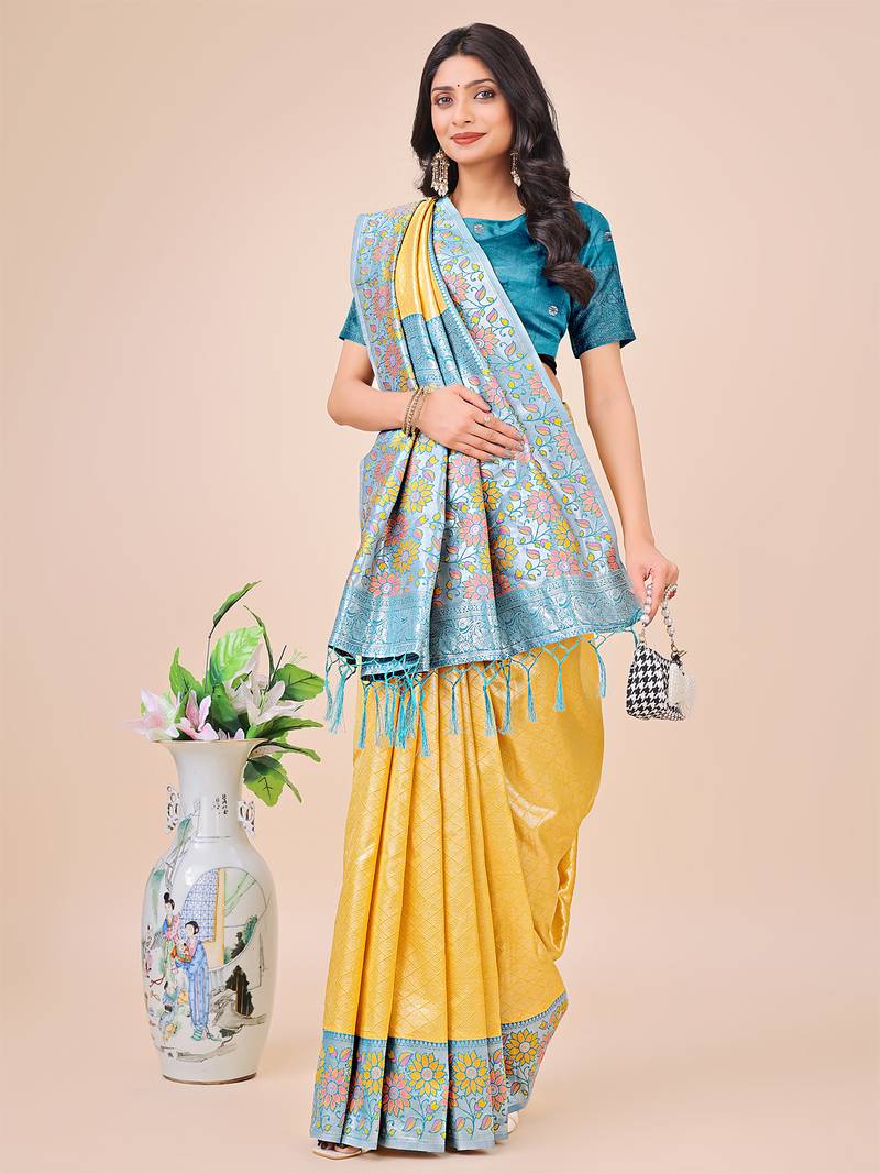 yellow lichi art silk with printed and zari weaving saree with blouse