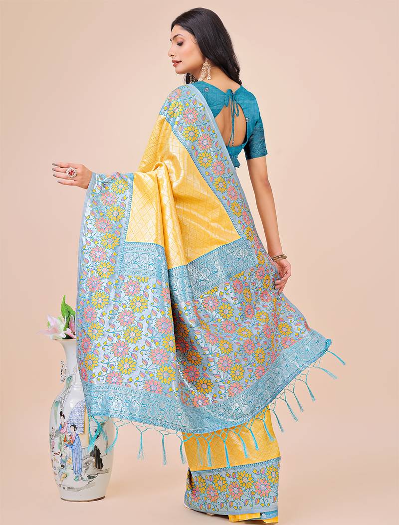 yellow lichi art silk with printed and zari weaving saree with blouse