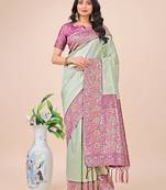 olive green lichi art silk with printed and zari weaving saree with blouse