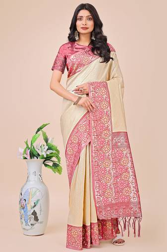 cream lichi art silk with printed and zari weaving saree with blouse