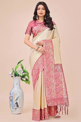 cream lichi art silk with printed and zari weaving saree with blouse