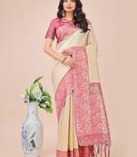 cream lichi art silk with printed and zari weaving saree with blouse