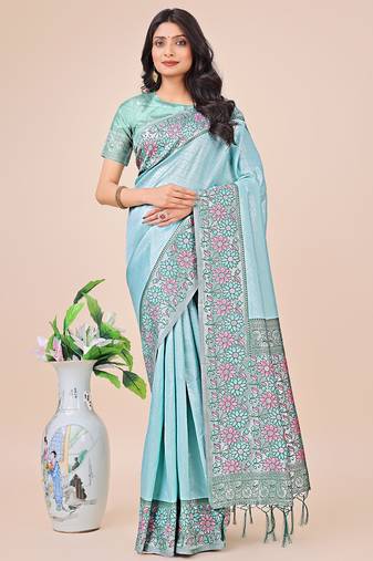 teal lichi art silk with printed and zari weaving saree with blouse
