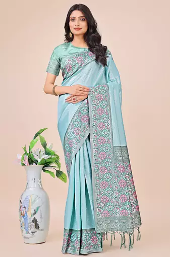 teal lichi art silk with printed and zari weaving saree with blouse