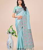 teal lichi art silk with printed and zari weaving saree with blouse