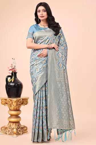sky blue cotton fabric with with jacquard work and zari weaving saree with blouse