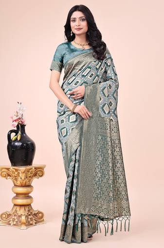 green cotton fabric with with jacquard work and zari weaving saree with blouse