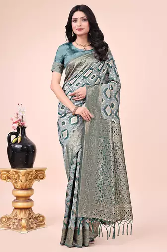 green cotton fabric with with jacquard work and zari weaving saree with blouse