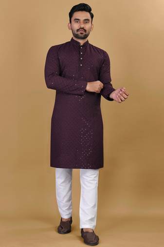 Maroon cotton rayon sequins work straight men's kurta pyjama