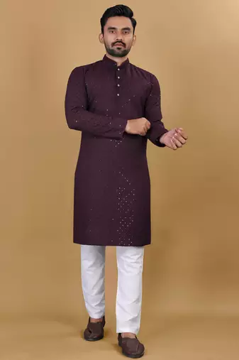 Maroon cotton rayon sequins work straight men's kurta pyjama