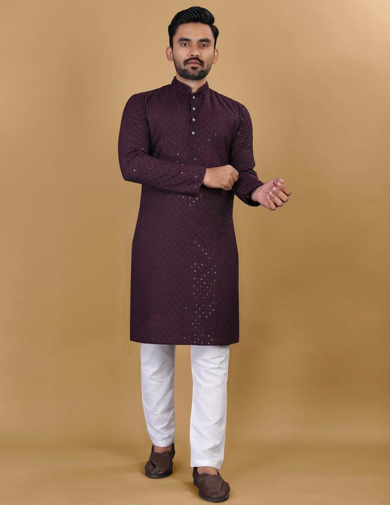 Maroon cotton rayon sequins work straight men's kurta pyjama