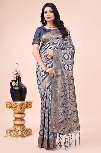navy blue cotton fabric with with jacquard work and zari weaving saree with blouse