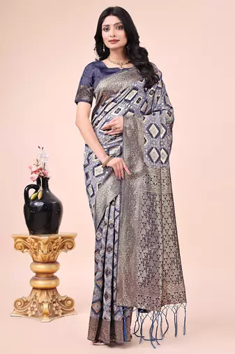 navy blue cotton fabric with with jacquard work and zari weaving saree with blouse