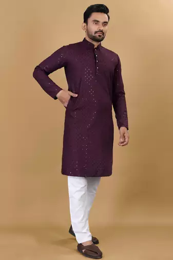 Maroon cotton rayon sequins work straight men's kurta pyjama