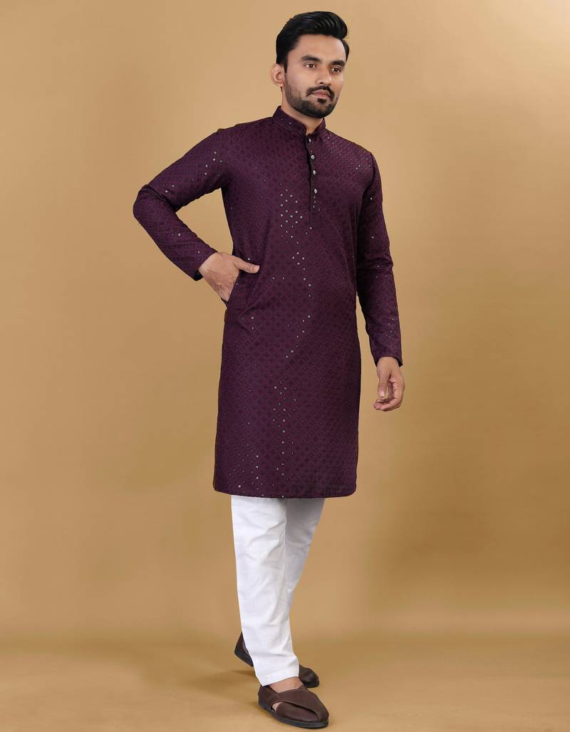Maroon cotton rayon sequins work straight men's kurta pyjama