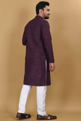 Maroon cotton rayon sequins work straight men's kurta pyjama