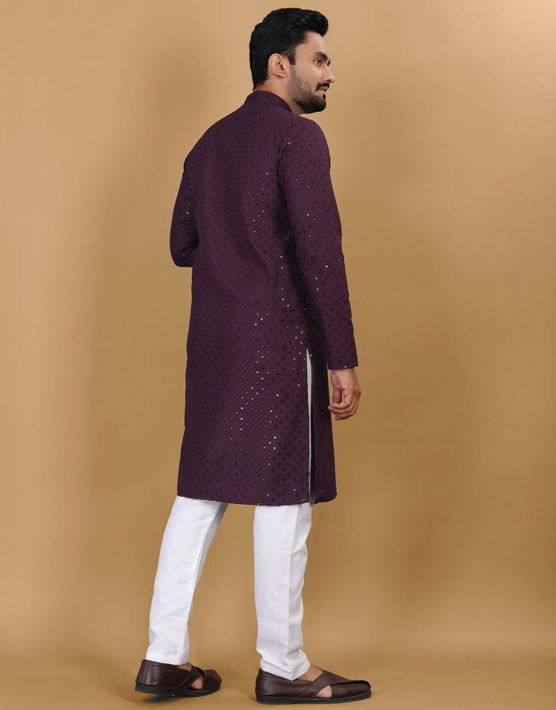 Maroon cotton rayon sequins work straight men's kurta pyjama