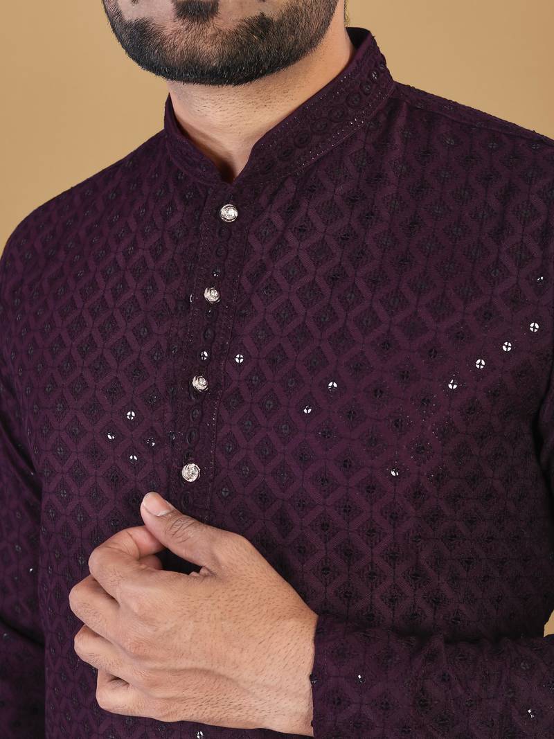 Maroon cotton rayon sequins work straight men's kurta pyjama