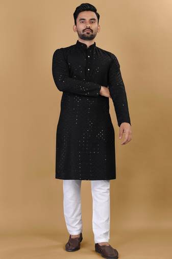Black cotton rayon sequins work straight men's kurta pyjama