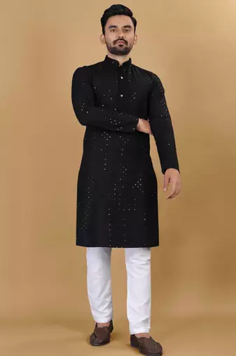 Black cotton rayon sequins work straight men's kurta pyjama