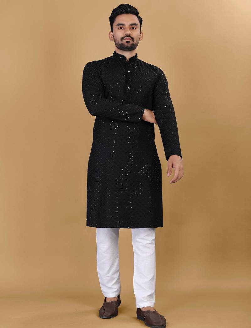Black cotton rayon sequins work straight men's kurta pyjama