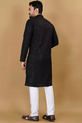 Black cotton rayon sequins work straight men's kurta pyjama