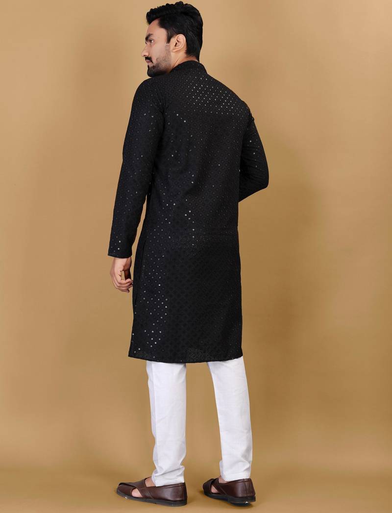 Black cotton rayon sequins work straight men's kurta pyjama