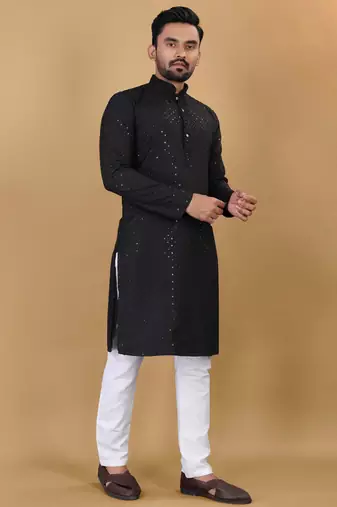 Black cotton rayon sequins work straight men's kurta pyjama