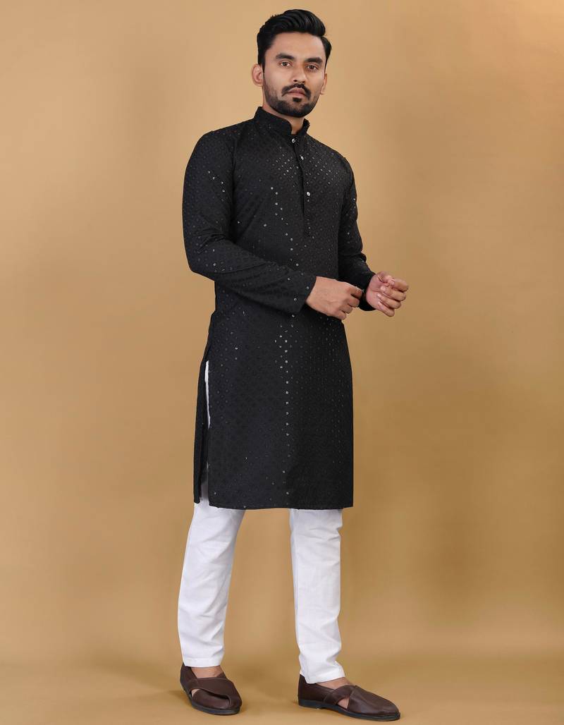 Black cotton rayon sequins work straight men's kurta pyjama