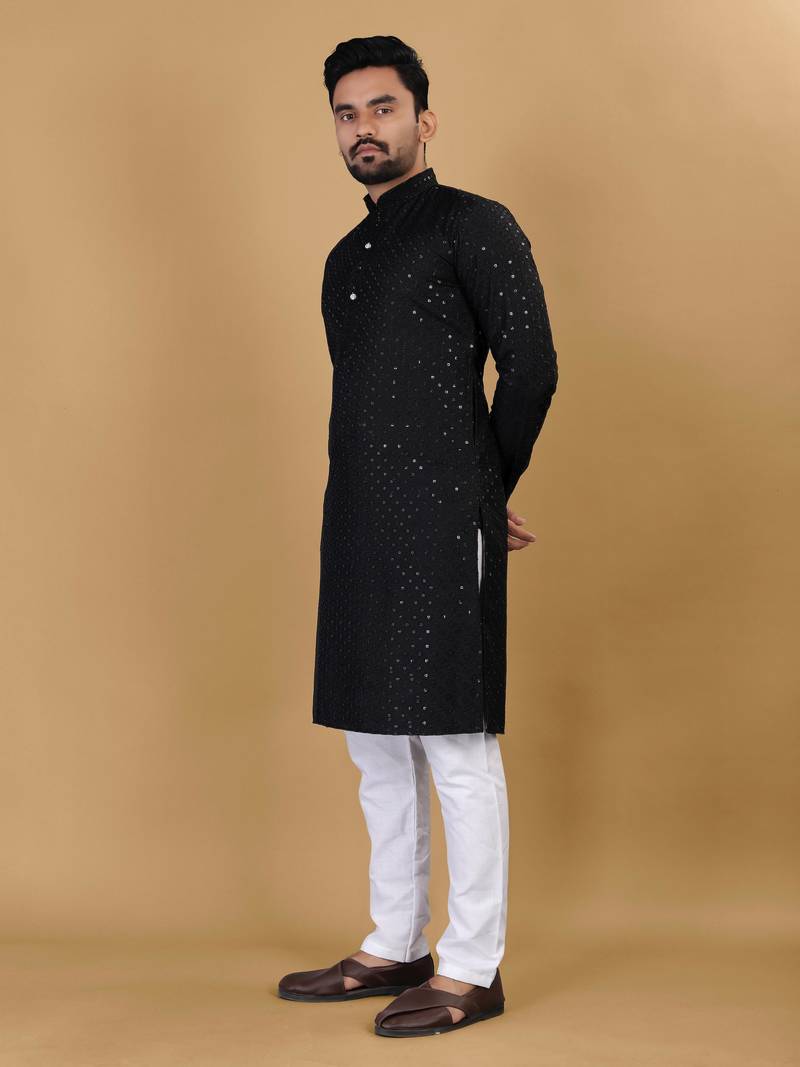 Black cotton rayon sequins work straight men's kurta pyjama