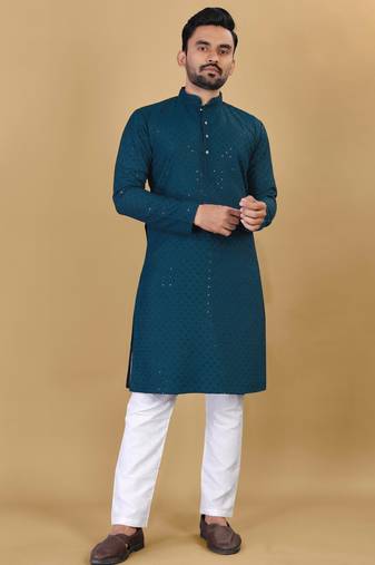 Blue cotton rayon sequins work straight men's kurta pyjama