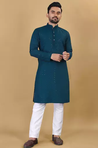 Blue cotton rayon sequins work straight men's kurta pyjama