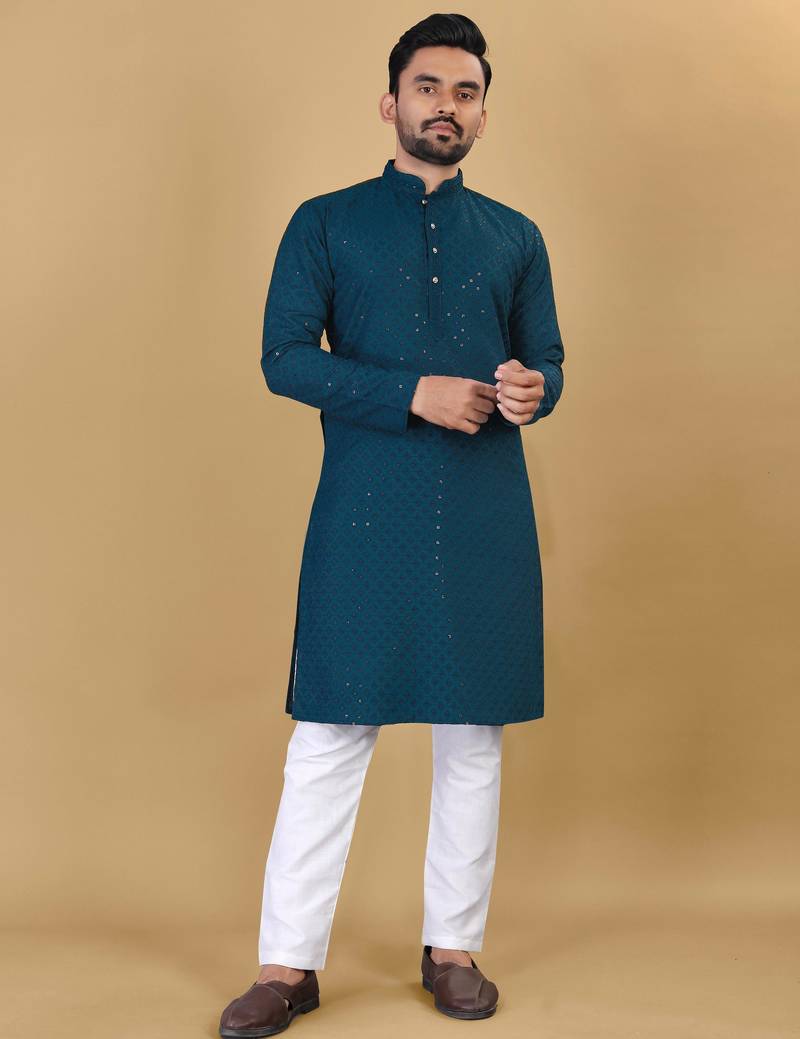 Blue cotton rayon sequins work straight men's kurta pyjama